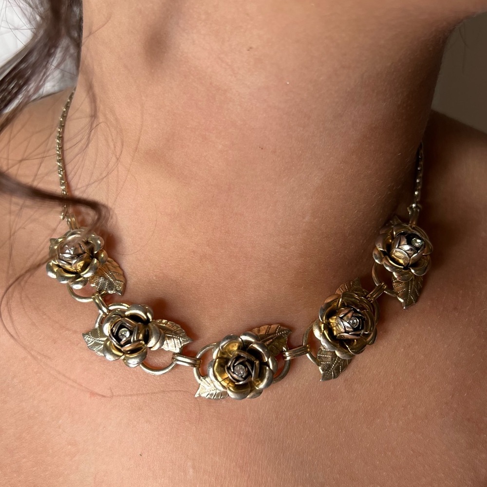 Vintage Floral Metal Choker, Gothic Rose Leaves, Rhinestone Pistils, 15.25”​